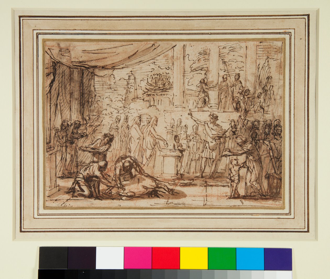 Antik Sacrifice in a Temple (pen og brunt blæk og brun vask over rødt kridt) af Nicolas Poussin