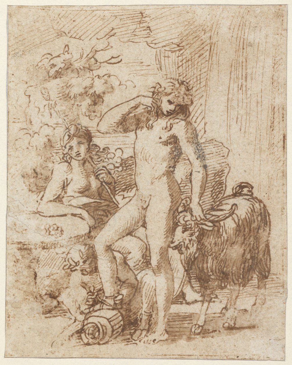Bacchus og Erigone (pen og blæk med vask på papir) af Nicolas Poussin