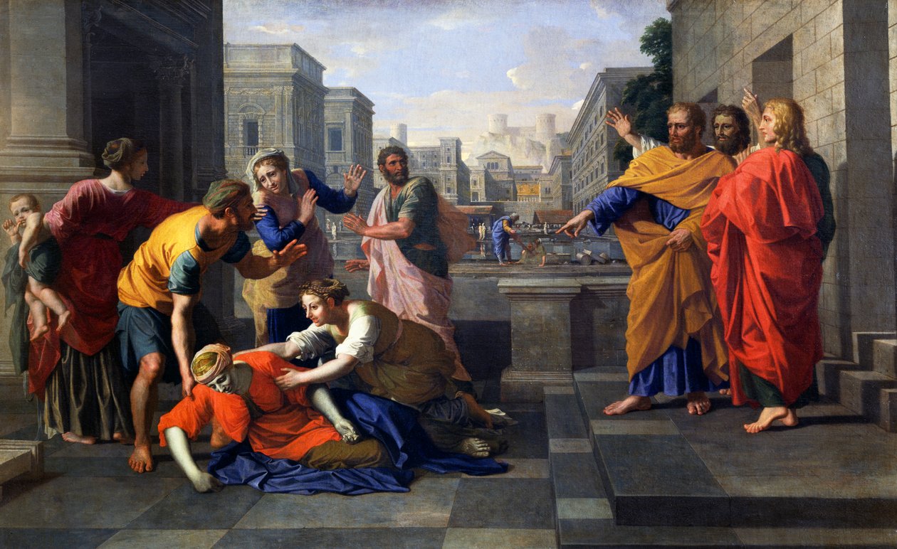 Død af Sapphira, Ananias hustru, som faldt brændende for Peters fødder, ca. 1652 (olie på lærred) af Nicolas Poussin