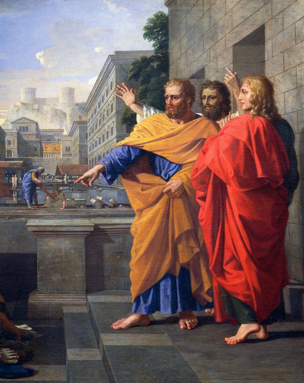 Død af Sapphira, Ananias hustru, som faldt brændende for Peters fødder, detalje fra 2581012, ca. 1652 (olie på lærred) af Nicolas Poussin