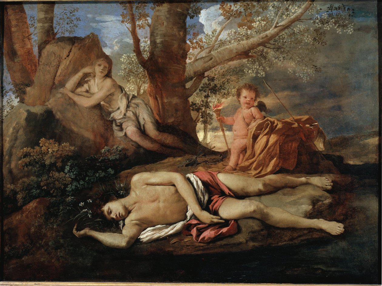 Ekko og Narcissus illustration til legenden, der inspirerede Ovide i "" Les Metamorphoses"" maleri af Nicolas Poussin af Nicolas Poussin