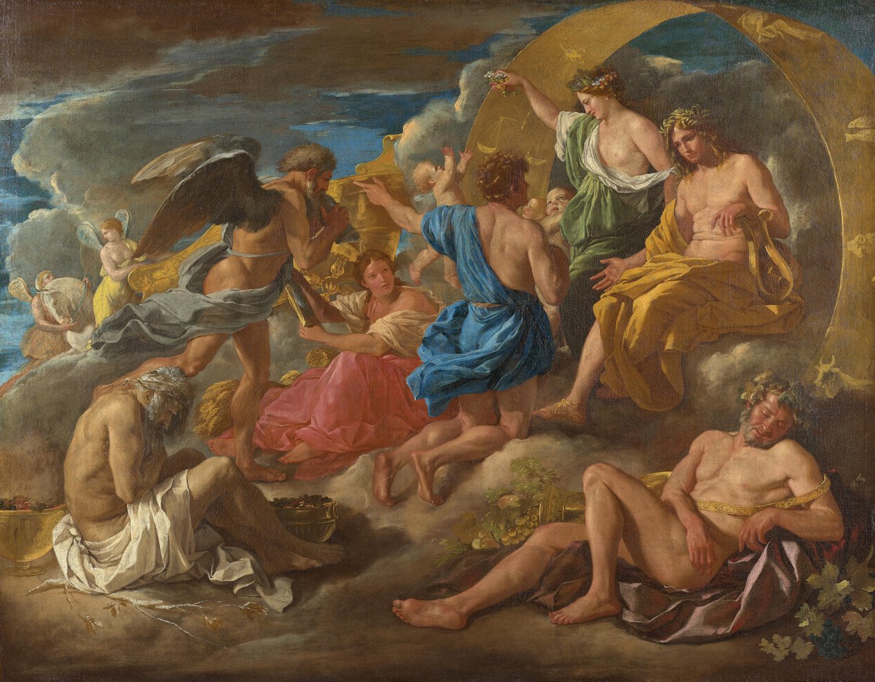 Helios und Phaëton mit Saturn und den vier Jahreszeiten af Nicolas Poussin