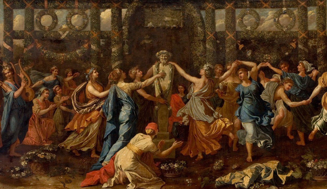 Hymenaios forklædt som en kvinde under et offer til Priapus, ca. 1635 (olie på lærred) (detaljer) af Nicolas Poussin