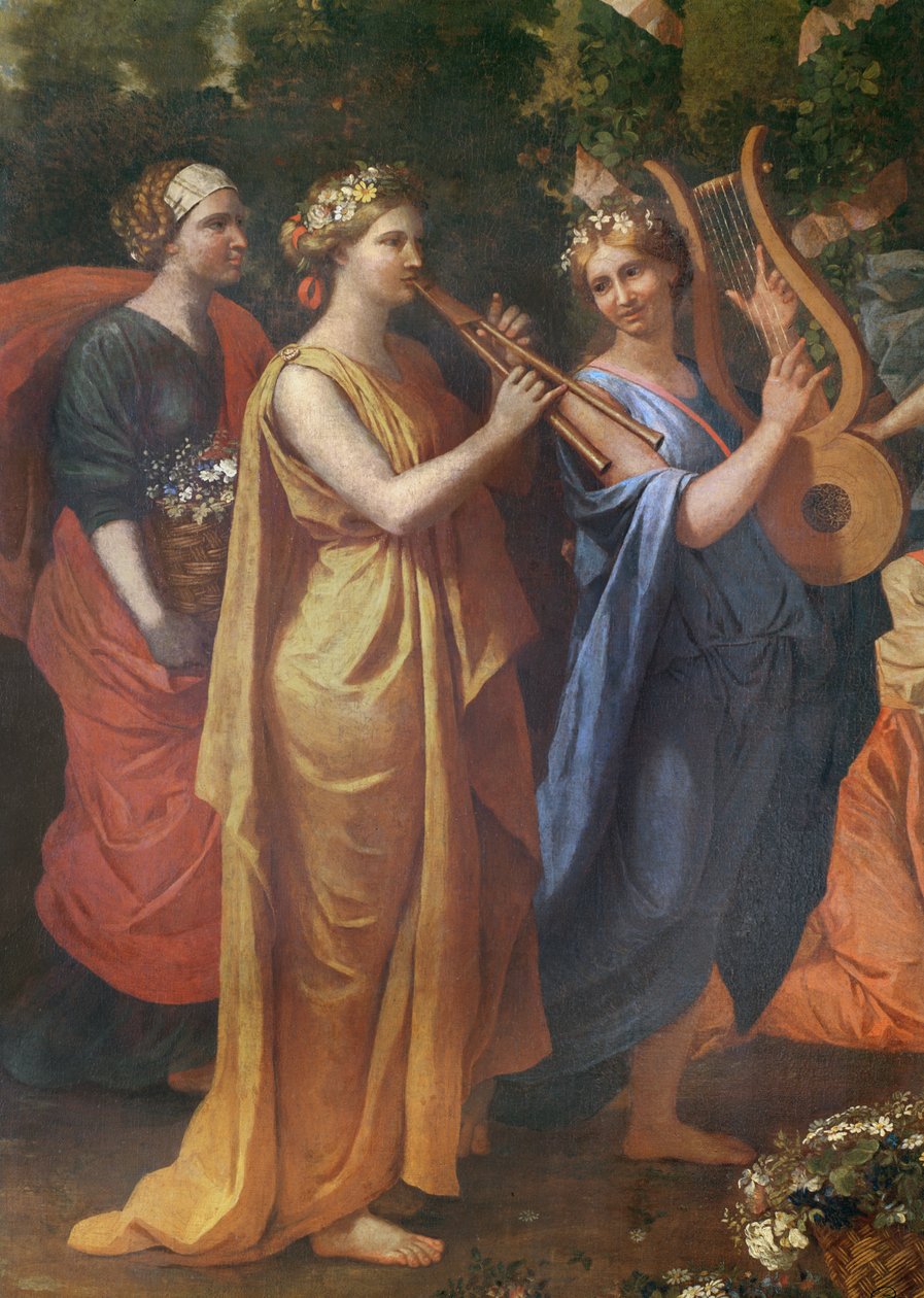 Hymenaios forklædt som en kvinde under et offer til Priapus, detaljer om musikerne, ca. 1634-38 af Nicolas Poussin