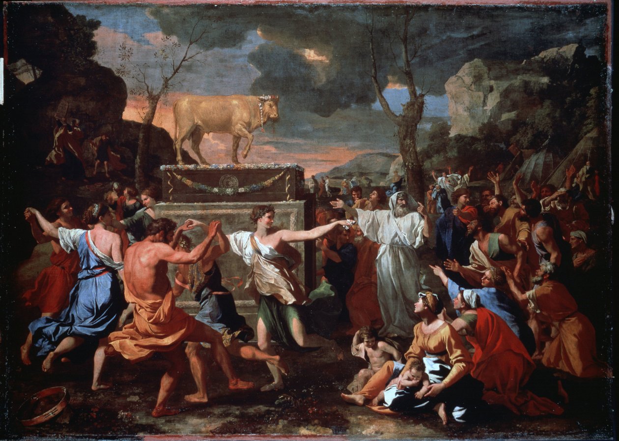 Tilbedelsen af ​​Guldkalven. Det hebraiske folk danser omkring guldkalvens idol. Maleri af Nicolas Poussin (1594-1665) af Nicolas Poussin