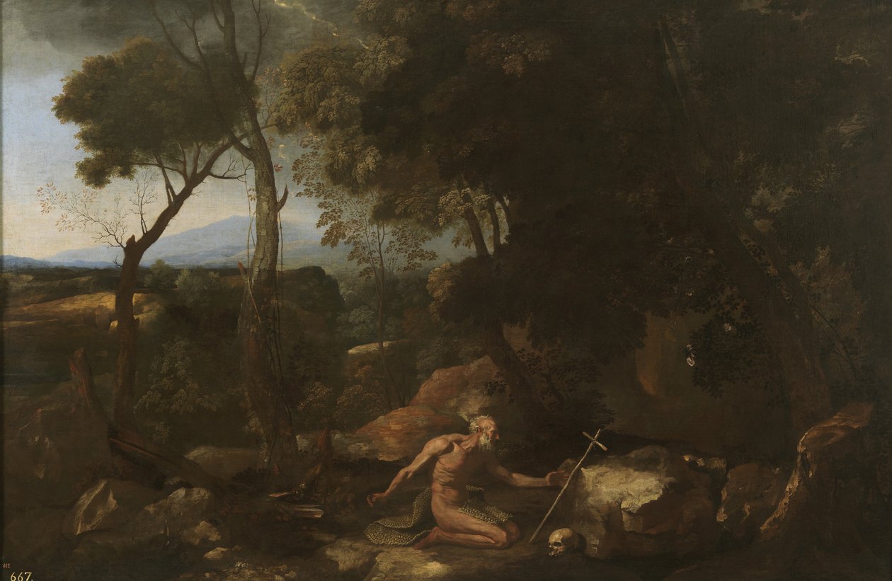 Landskab med Sankt Paul Eremitten, 1638 af Nicolas Poussin