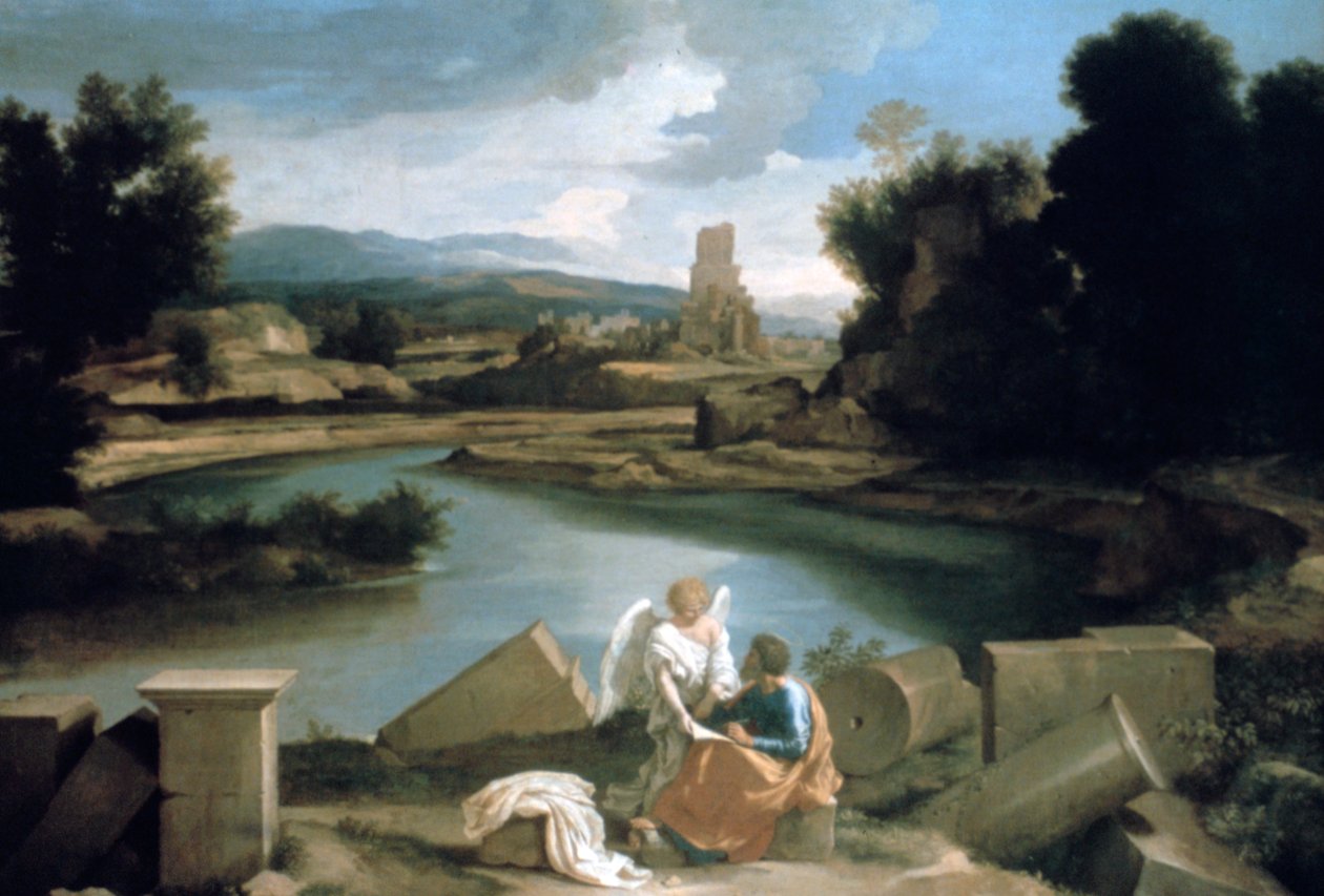 Landskab med St. Matthæus og englen, c1645 af Nicolas Poussin