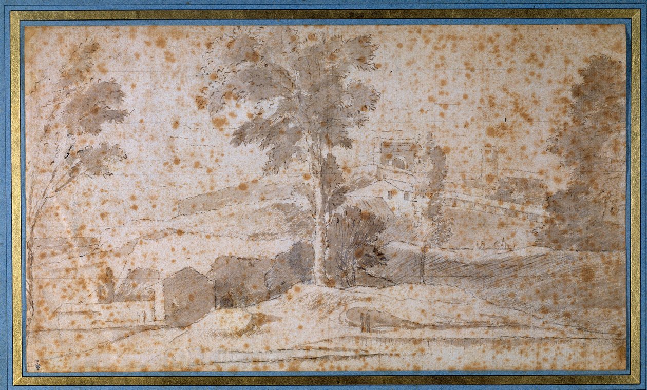 Landskab med et stort træ i midten og en belvedere af Nicolas Poussin