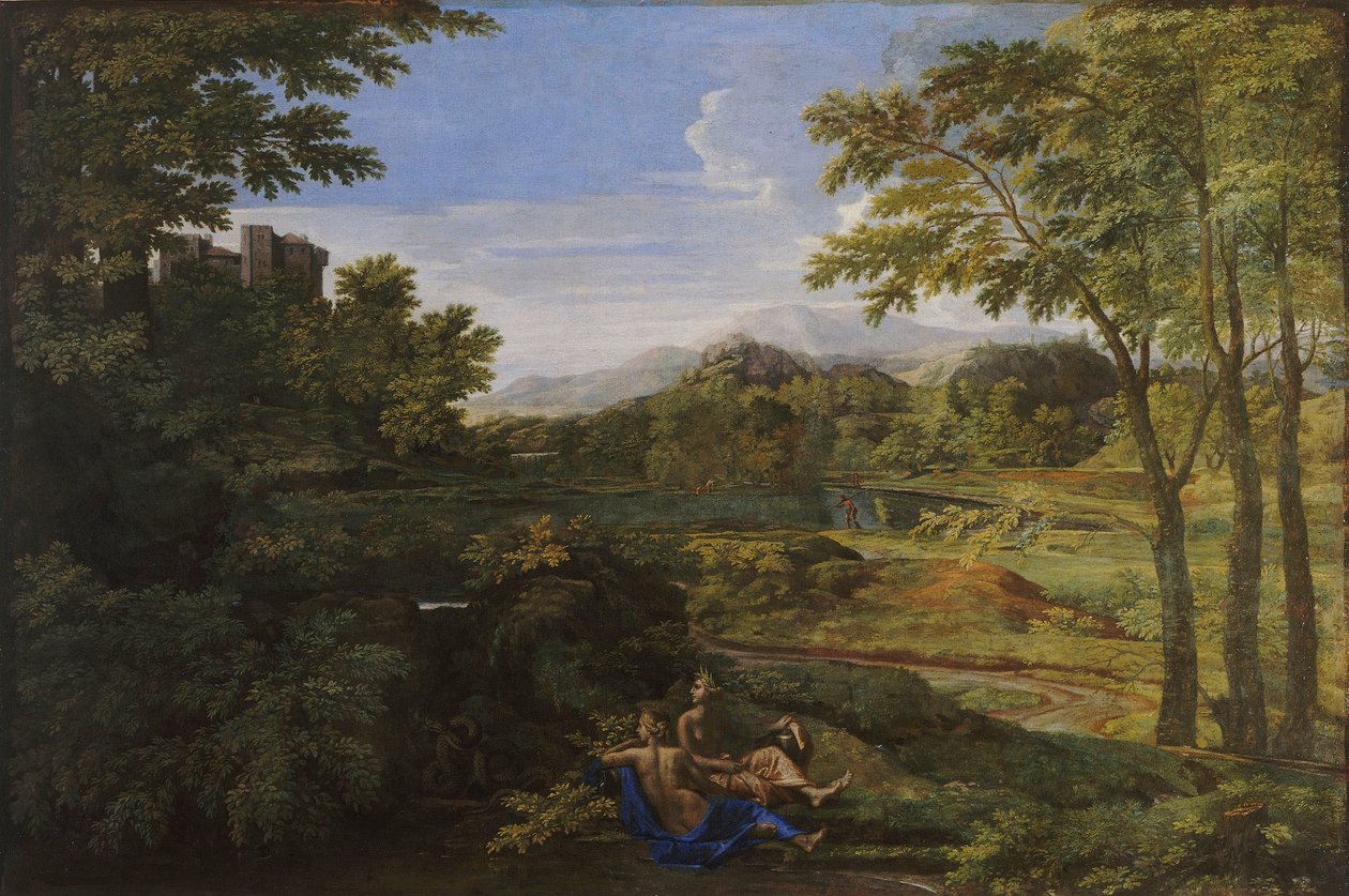 Landskab med to nymfer og en slange, ca 1659 af Nicolas Poussin