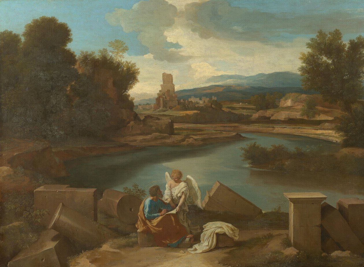 Landskab fra den romerske Campagna med Matthæus og englen af Nicolas Poussin