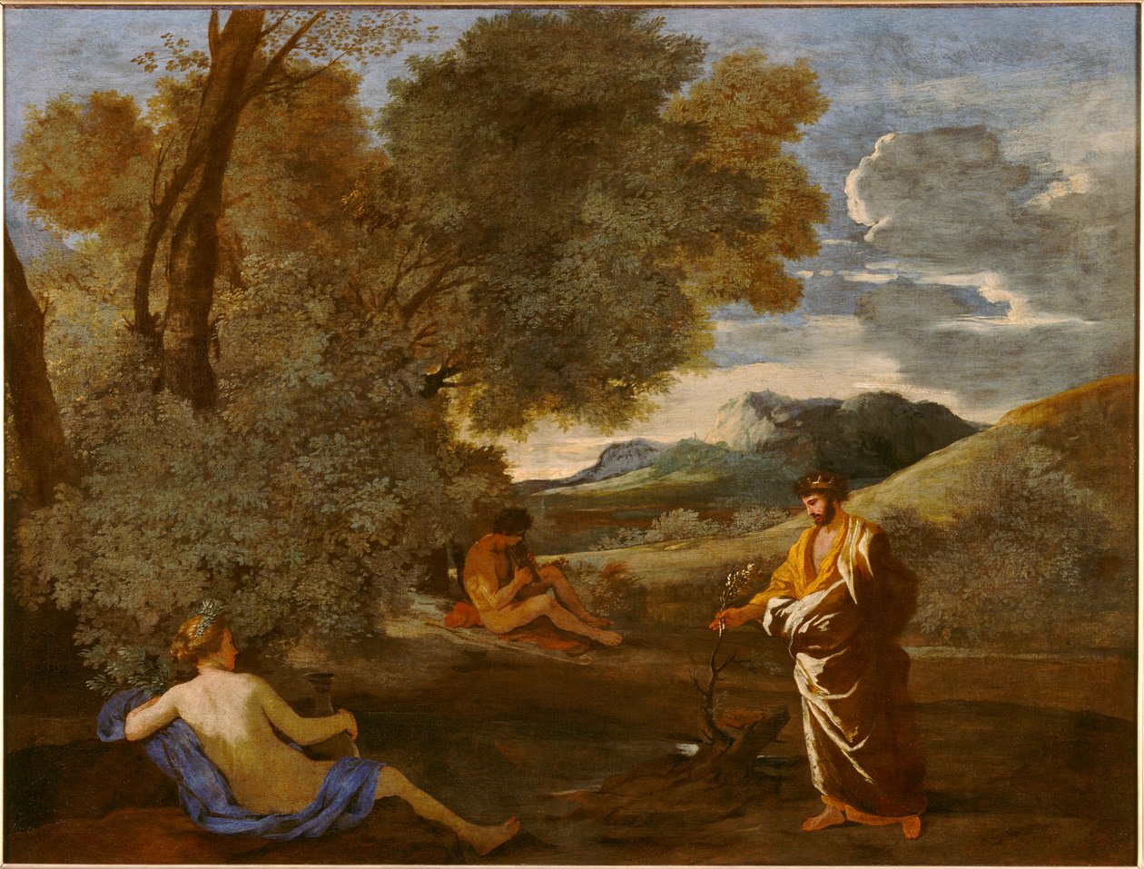 Midas forvandler grenen fra et takstræ til guld, som Numa Pompilius og nymfen Egeria engang sagde. af Nicolas Poussin