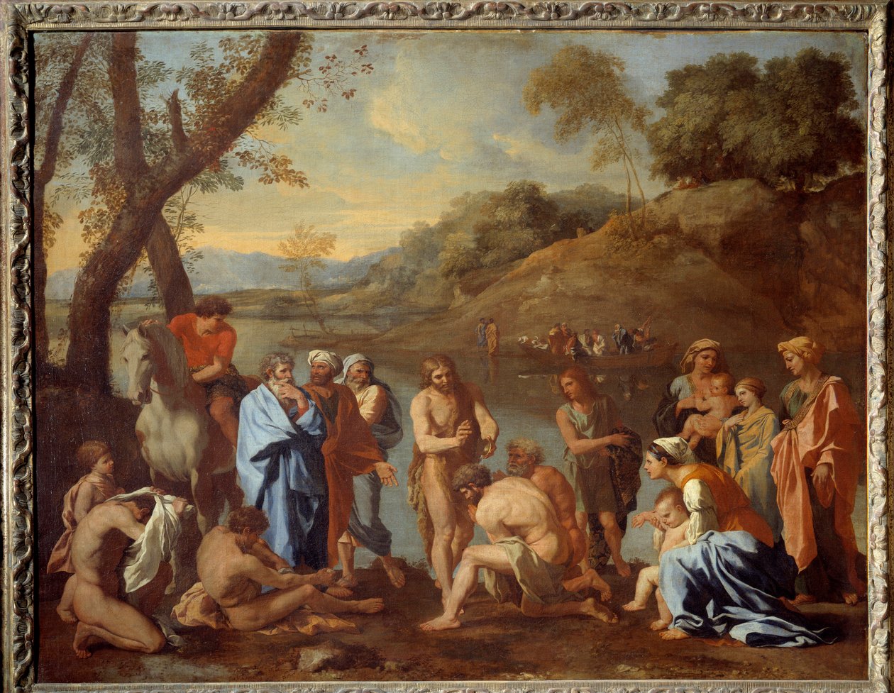 Sankt Johannes døber folket. Johannes Døberen velsignede mænd ved en flod. Maleri af Nicolas Poussin af Nicolas Poussin
