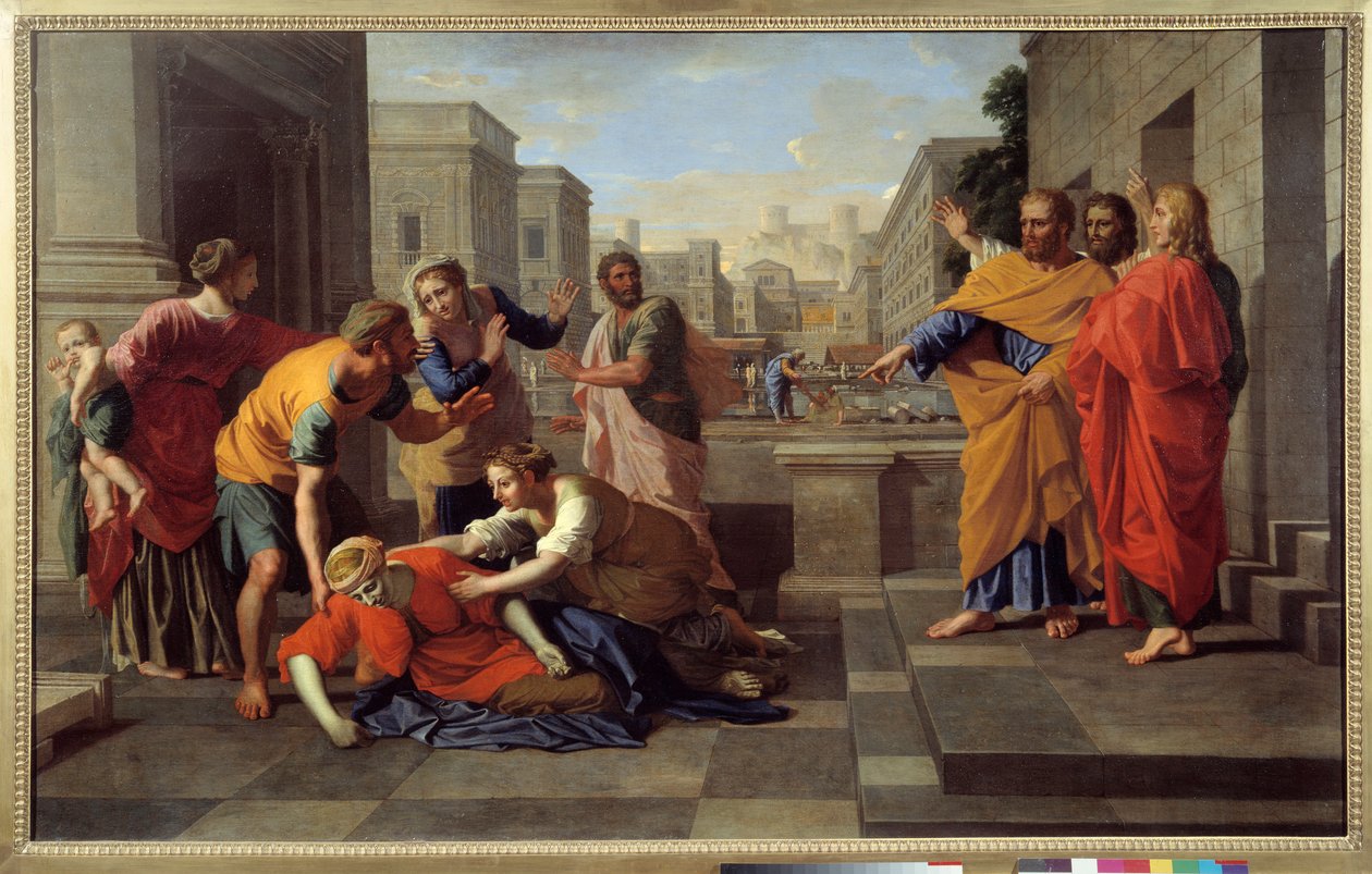 Saphiras død. En mand ved navn Ananias, og hans kone Saphira, solgte en ejendom og beholdt en del af prisen, hans kone vidste det; så bar han resten og lagde den for fødderne af apoterne for at samle midlerne ved en apoternes møde". Sankt Peter bebrejdelse af Nicolas Poussin
