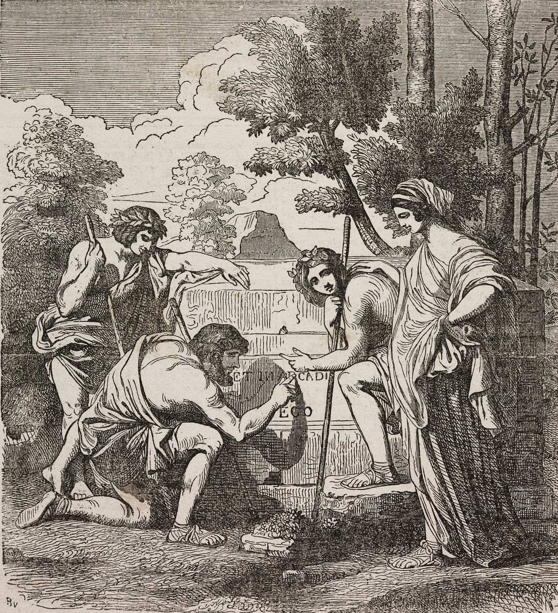 Shepherds of Arcadia, efter maleri af Nicolas Poussin, illustration fra Universal Theatre, encyklopædisk og scenografisk samling, nr. 512, 4. maj af Nicolas Poussin