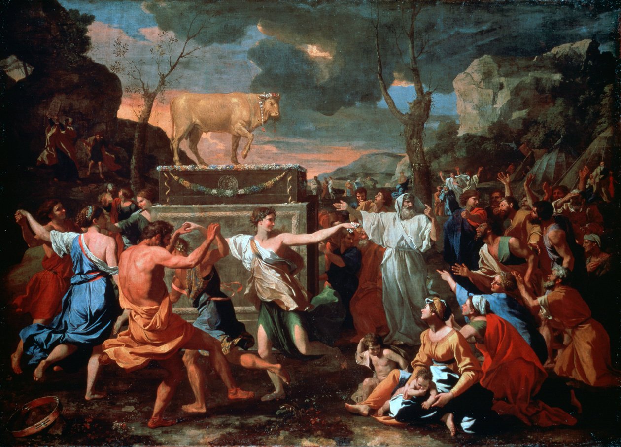 Tilbedelsen af den gyldne kalv, c1635 af Nicolas Poussin
