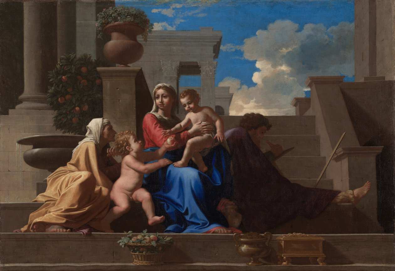 Den hellige familie på trinnene af Nicolas Poussin