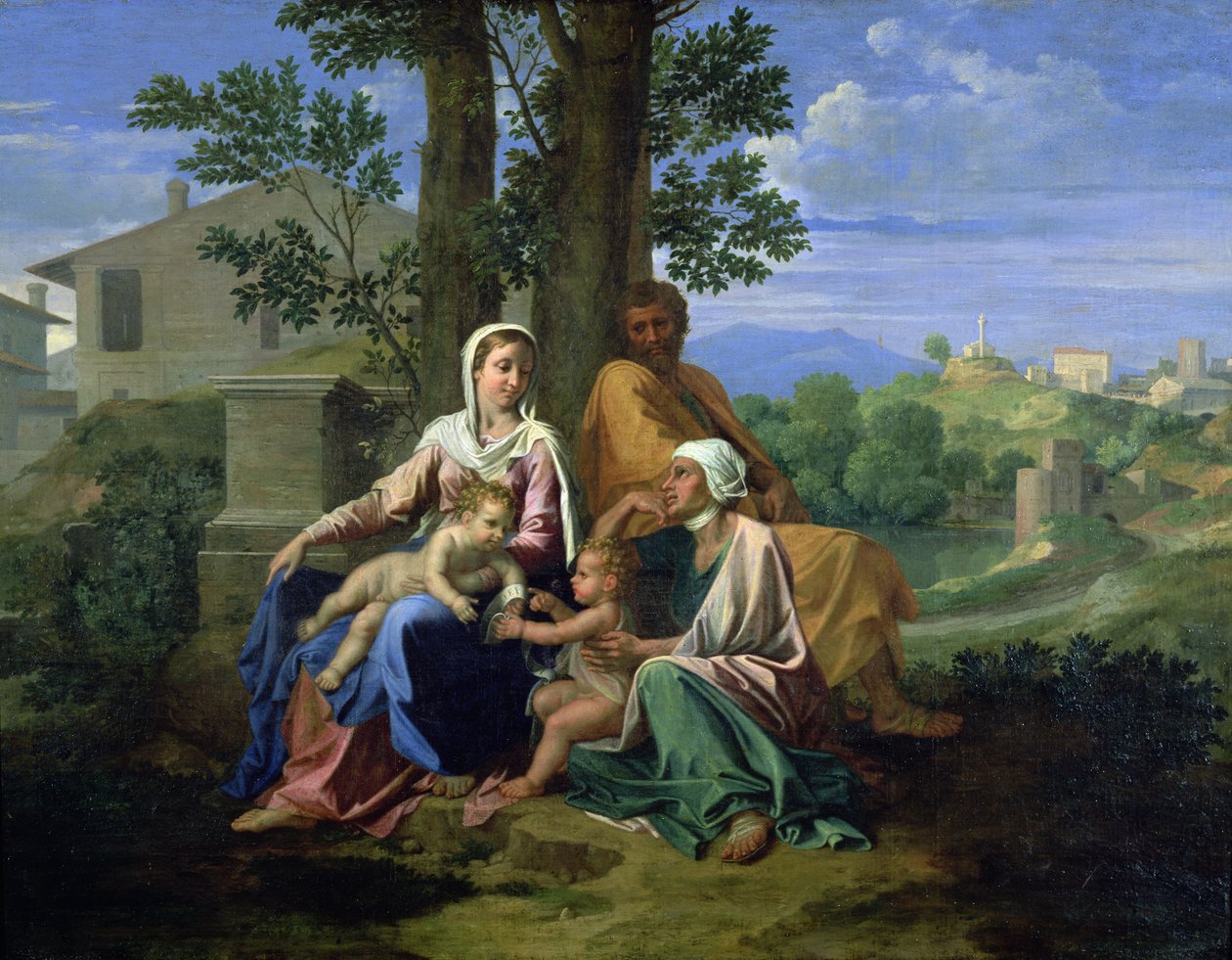 Den hellige familie med SS. John, Elizabeth og spædbarnet Johannes Døberen af Nicolas Poussin