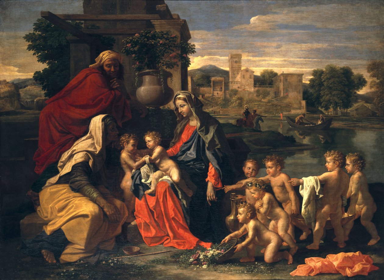 Den hellige familie med spædbarnet St. Johannes Døberen og St. Elizabeth af Nicolas Poussin