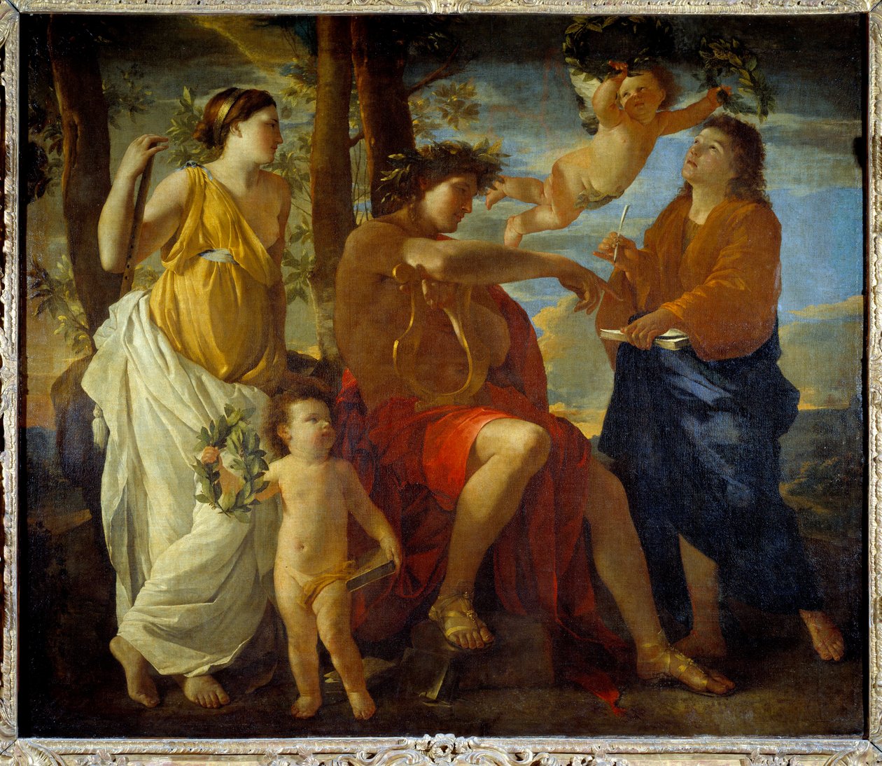 Inspirationen af digteren Un poete, en lyre i hånden og hovedbeklædning af en laurbærkrone, er omgivet af muser og putti. maleri af Nicolas Poussin af Nicolas Poussin