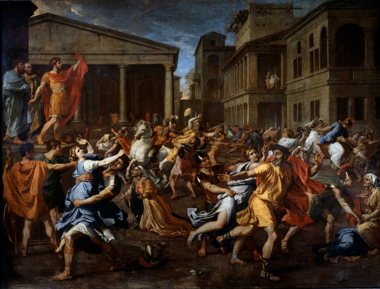 Romernes fjernelse af sabinerne. Romulus til venstre observerer scenen. Maleri af Nicolas Poussin af Nicolas Poussin