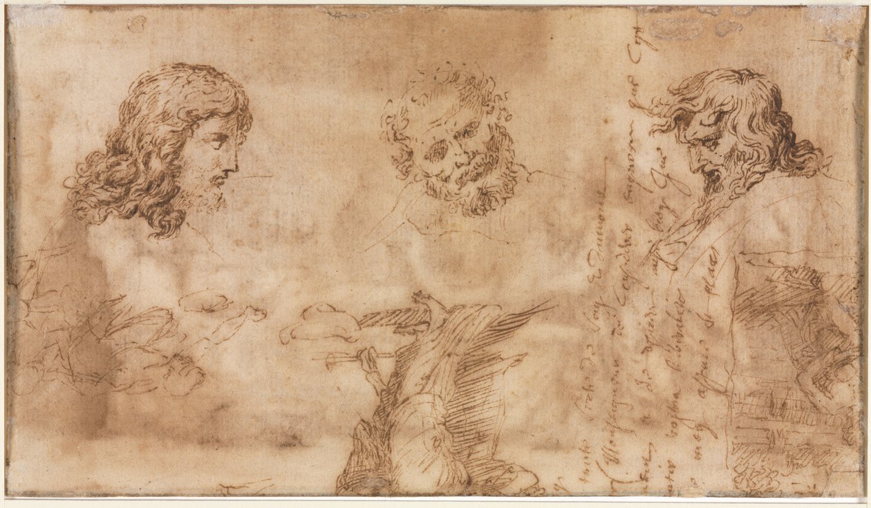 Tre hoveder og andre skitser verso, 1643-1644. af Nicolas Poussin