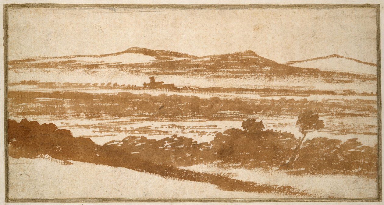 Udsigt over en dal mod fjerne bakker (pensel og rødbrun vask, på hvidt papir, lagt på hvidt karton) af Nicolas Poussin