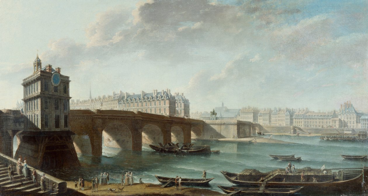 Samaritaine-pumpen, Pont-Neuf, Ile de la Cite og Conti-kajen ses fra Louvre-kajen, før 1771 (olie på lærred) af Nicolas Raguenet