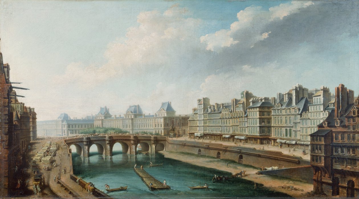 Udsigt over Louvre-paladset, Pont Neuf og Quai des Orfevres set fra Quai des Grands Augustins, ca. 1760 (olie på lærred) af Nicolas Raguenet