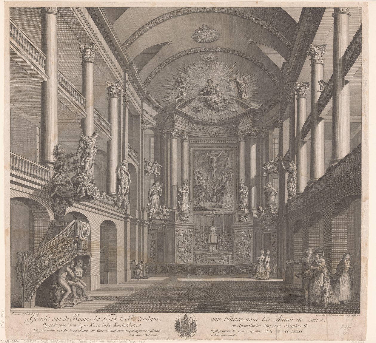Interiør af Saint Rosalia-kirken i Rotterdam Udsigt over den romerske kirke i Rotterdam, set indefra til alteret (titel på objekt) af Nicolas Ransonnette