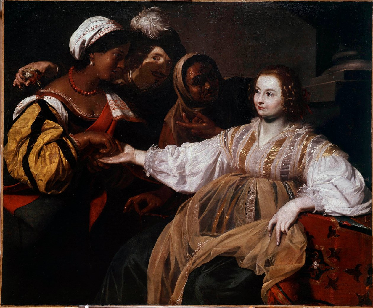 Spåkonen En kvinde kom for at konsultere en palmisist. Maleri af Nicolas Regnier (1591-1667) søn. 1,2x1,5 m af Nicolas Regnier