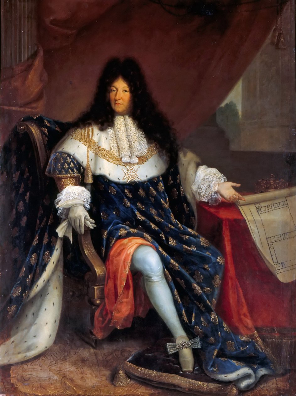 Portræt af Louis XIV, der holder planen for Maison Royale de Saint-Louis i Saint-Cyr af Nicolas Rene Jollain