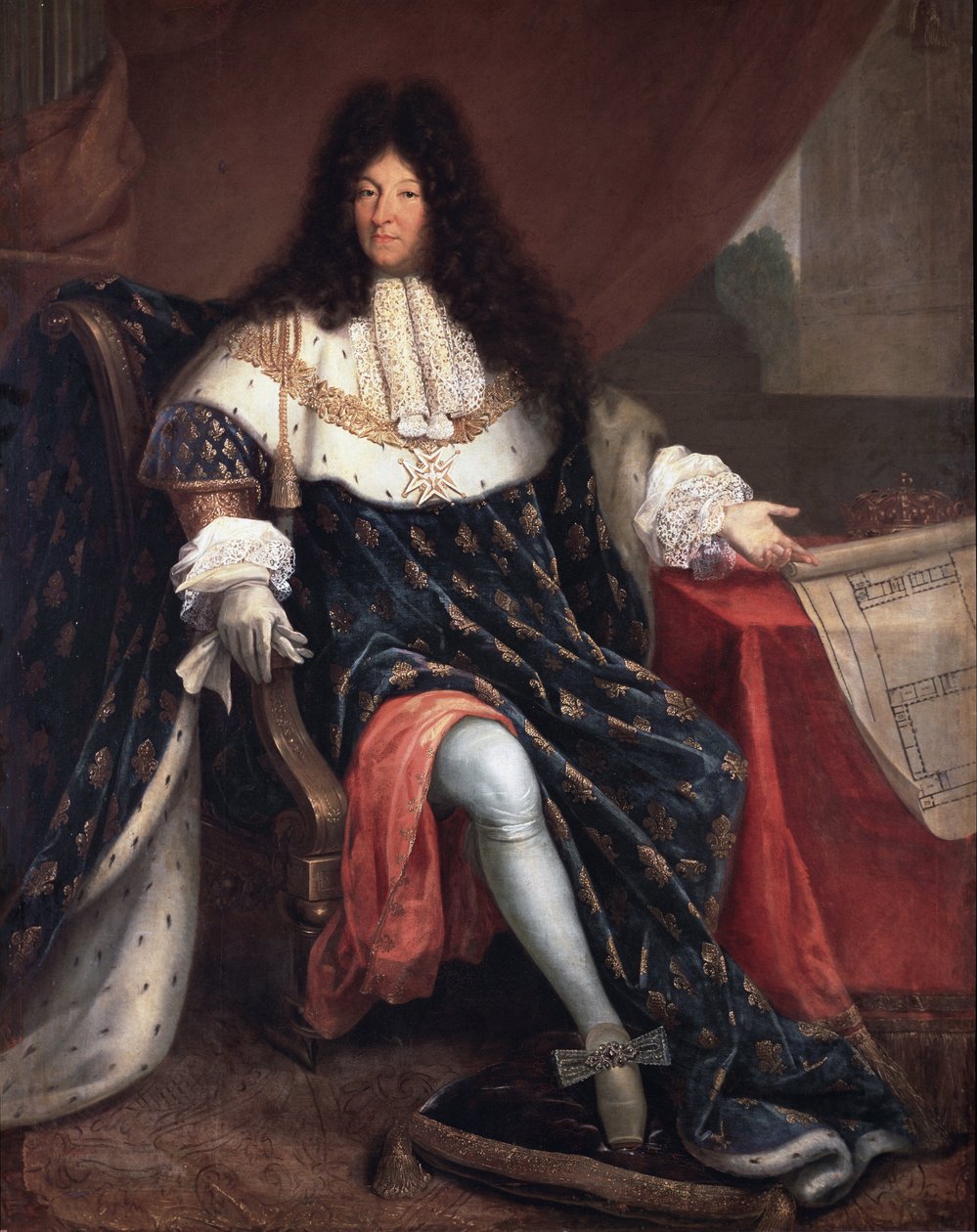 Portræt af Ludvig XIV med planen for kongehuset Saint Cyr (olie på lærred af Nicolas Rene Jollain