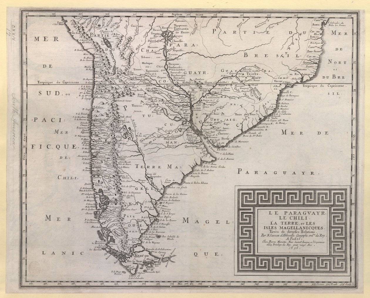 PARAGUAYR. CHILE. LA TERRE, et LES ISLES MAGELLANICQUES. Taget fra forskellige relationer / Af N. SANSON d