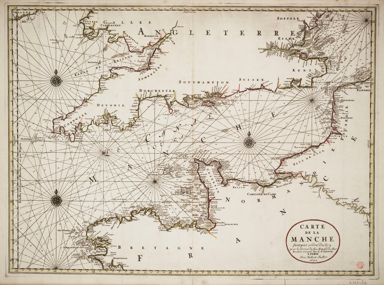 Kort over Den Engelske Kanal og Atlanterhavskysten i det sydlige Storbritannien og det nordlige Frankrig af Nicolas Sanson D
