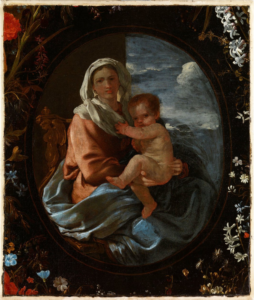 Jomfruen og barnet i en blomsterkrans af Nicolas & Seghers Daniel (1590–1661) Poussin