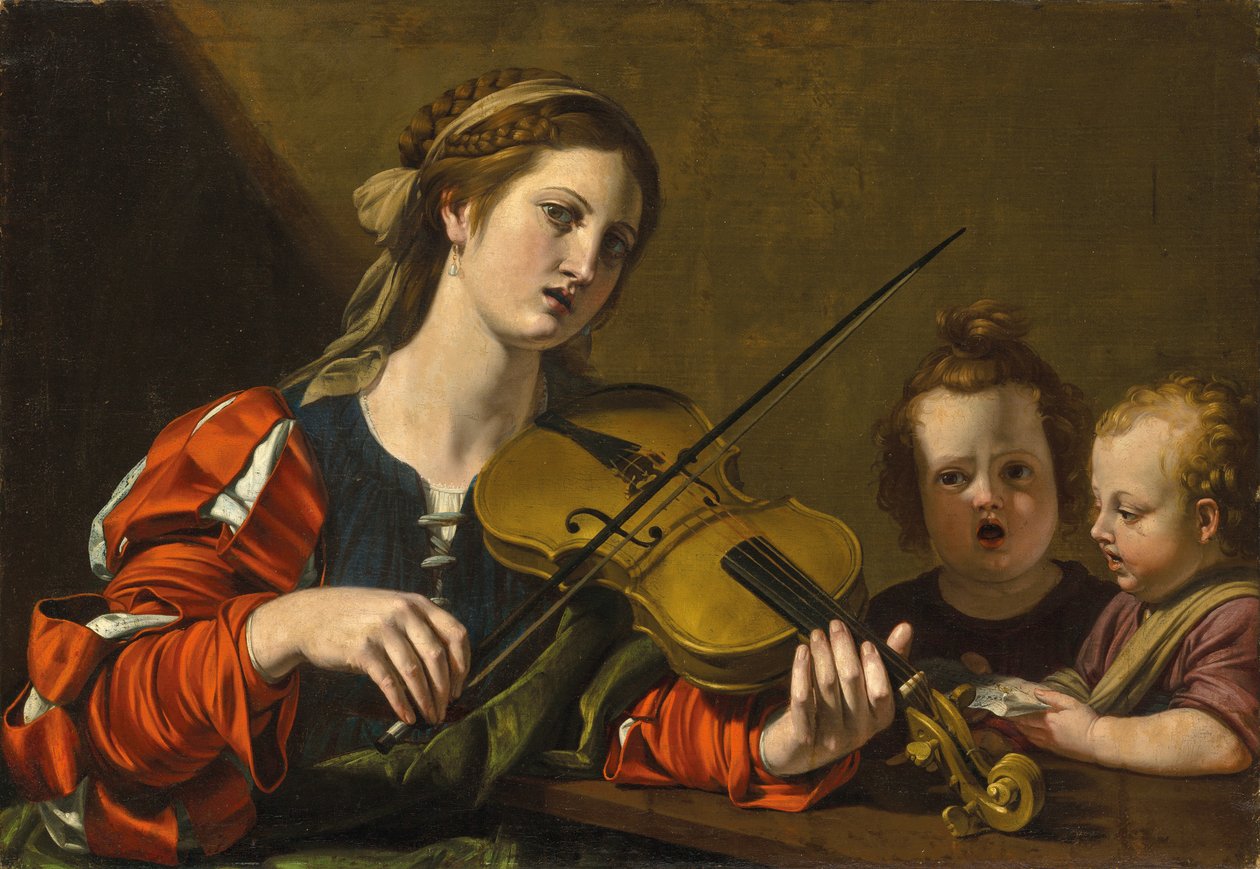 En kvinde, der spiller violin med to børn, der synger (olie på lærred) af Nicolas Tournier