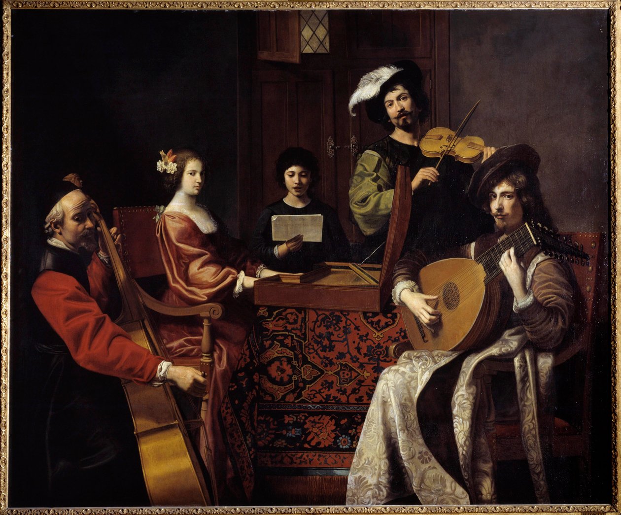 Barokmusik: "" Koncerten""" Musikere, der spiller strengeinstrumenter. Maleri af Nicolas Tournier (1590-1657) 1600-tallet søn. 1,88x2,26 m af Nicolas Tournier