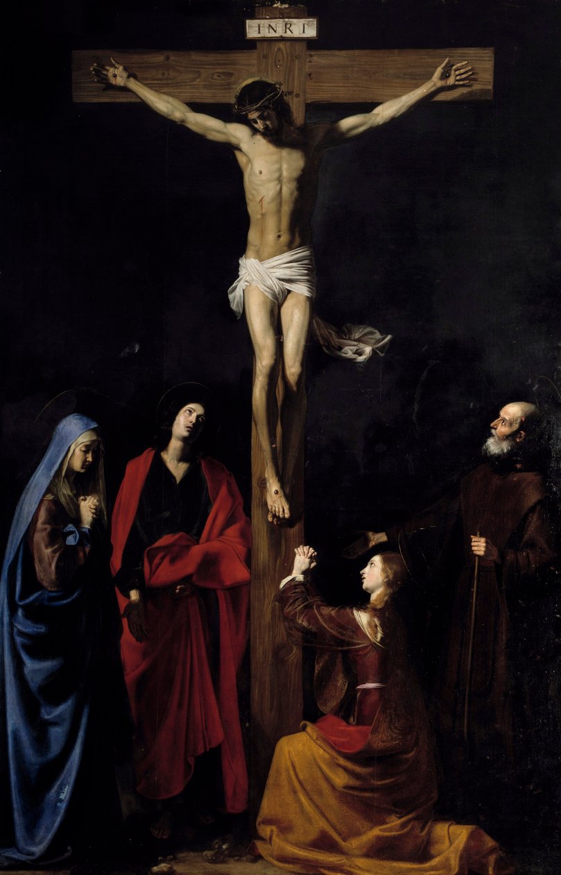 Kristus på korset, Jomfruen, Madeleine, Saint John og Saint Vincent de Paul Inskription "" INRI"" på korset. Maleri af Nicolas Tournier (1590-1657) af Nicolas Tournier