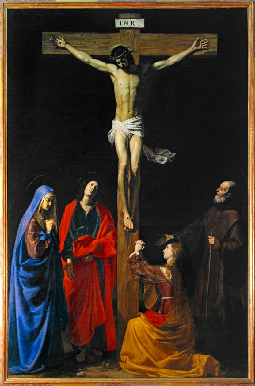 Kristus på korset, Jomfru Maria, Magdalene, Sankt Johannes og Sankt Frans af Paola - Kristus på korset, Jomfru Maria, de hellige Maria Magdalena ... af Nicolas Tournier