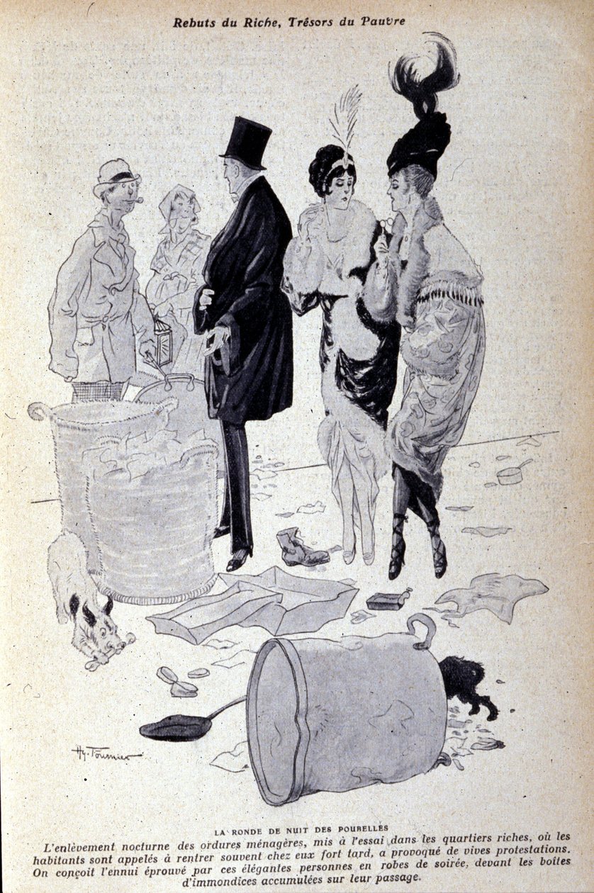 Paris: affald samler sig på gaden foran elegant klædte mennesker. Illustration af den franske presse af H. Tournier af Nicolas Tournier
