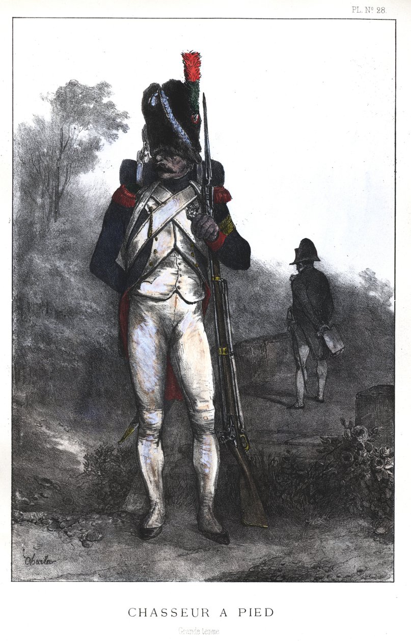 Napoleonskrigene, den franske hær, Foot Chasseur fra den kejserlige garde i fuld udrustning, 1845 af Nicolas Toussaint Charlet