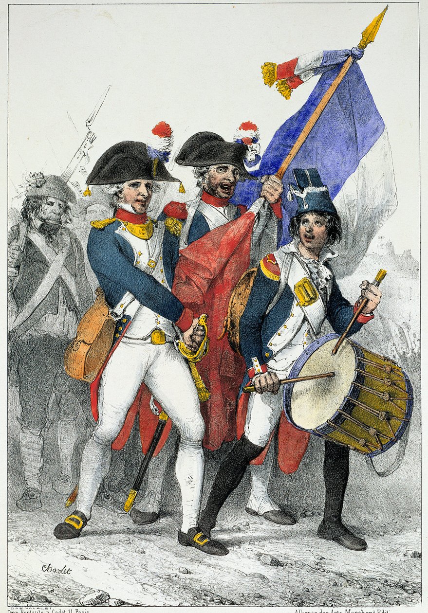 Fædrelandet i fare: Frivillige fra Den Første Republik (1792-1799) på vej til krig (farvestik) af Nicolas Toussaint Charlet