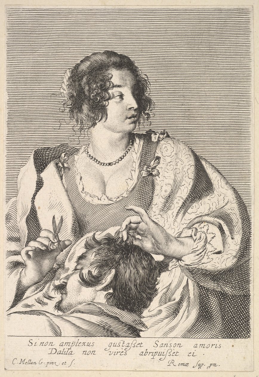 Delila forbereder sig på at klippe Samsons hår med en saks i højre hånd, under hendes bryst..., ca. 1629. af Nicolas Viennot