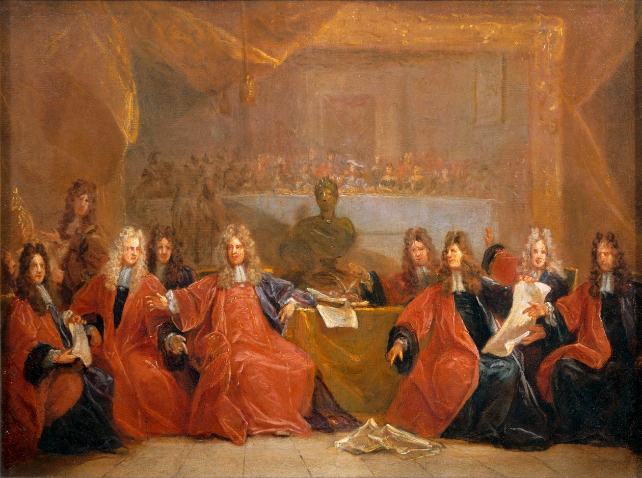 Købmændenes rektor og rådmændene i byen Paris diskuterer tilbuddet om en fest til Ludvig XIV ... af Nicolas de (workshop) Largilliere