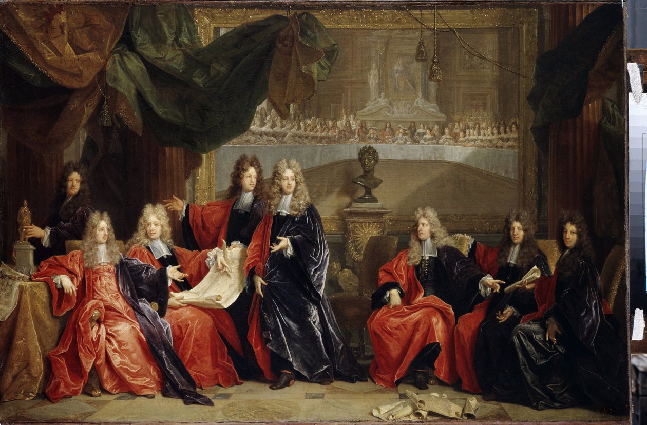 Provoster og dommere i byen Paris diskuterer festmiddagen for kong Louis XIV 14 kendt som solkongen (1638-1715) på Hôtel de ville efter hans restaurering i 1687 (prost og kommunale dommere i Paris diskuterer fejringen af ​​Lou af Nicolas de Largillière