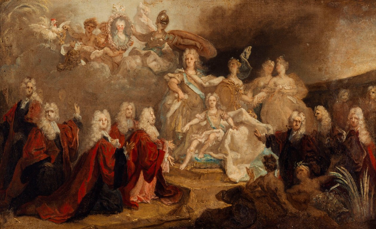 Skitse af det allegoriske maleri bestilt af byen Paris til forlovelsen af Ludvig XV og spædbarnet Marie Anne Victoire fra Spanien af Nicolas de Largillière