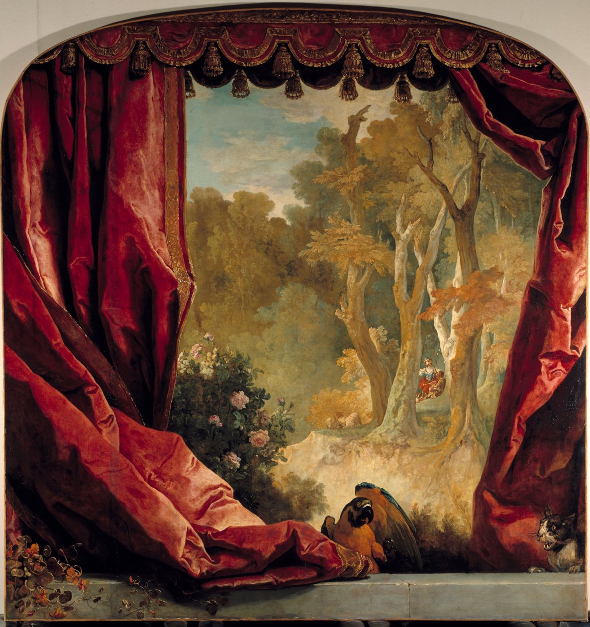 Dekorativ komposition med gardiner, landskab og dyr Maleri af Nicolas de Largilliere (1656-1746) 1700-tallet søn. 2,61x2,51 m af Nicolas de Largillière