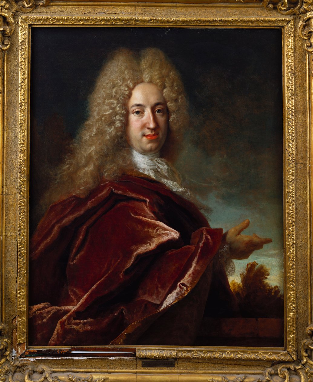 Portræt af en herre, iført en lang paryk, blondejabot og bordeaux kappe af Nicolas de Largillière
