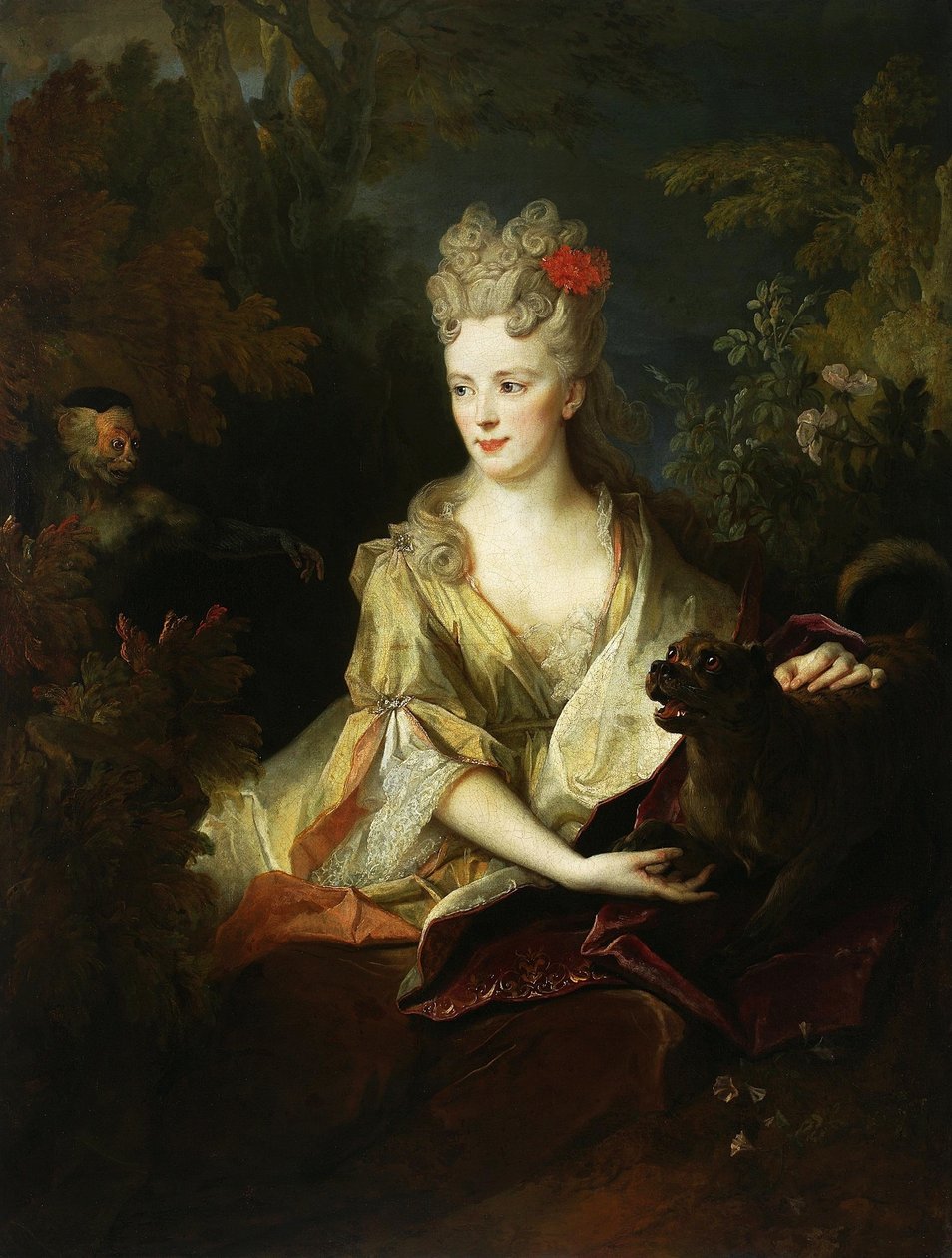 Portræt af en dame med en hund og en abe af Nicolas de Largillière