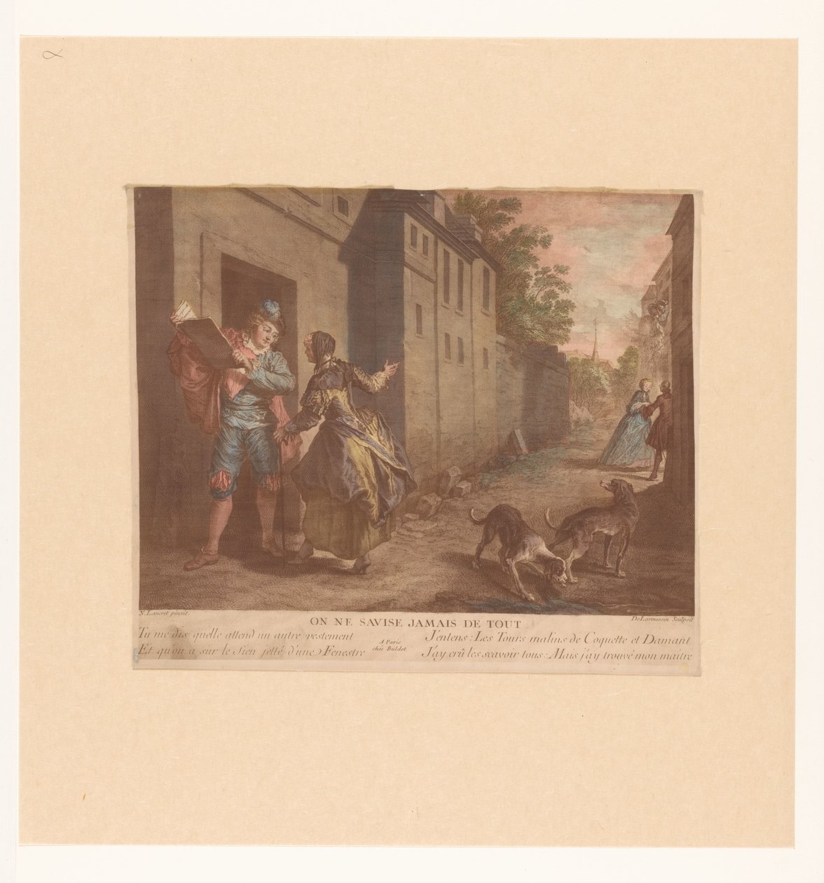 Straat Gezicht met man met boek Eller tænk aldrig på alt (titel på objekt) Fabels van Jean de La Fontaine (serietitel) Suite med nye tryk til fortællingerne om La Fontaine (serietitel) af Nicolas de Larmessin (III)